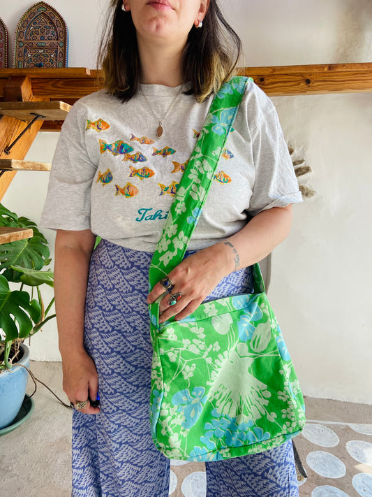 VINTAGE 90's Blue & Green Floral Shoulder Bag - ONE SIZE