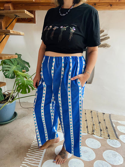 DESERT FOX Lola Floral Blue Stripe Wide Leg Trousers - M/L