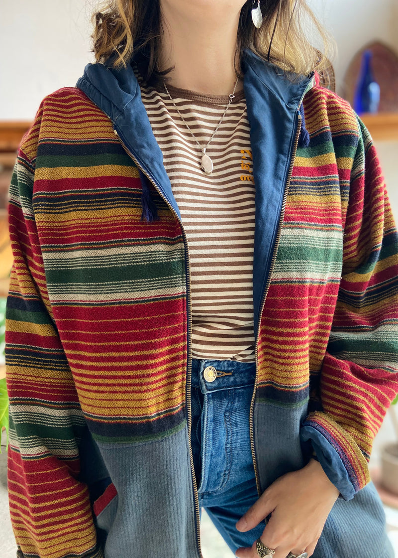 VINTAGE Stripe Hippie Long Sleeve Zip Up Cardigan Hoodie L