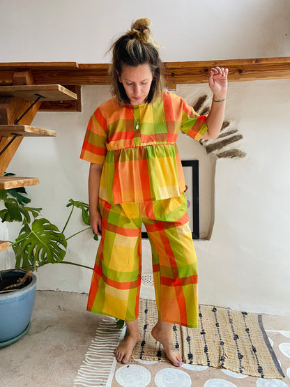 DESERT FOX Orange Checked Stripe Wide Leg Trousers - S/M
