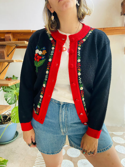 VINTAGE 70’s Floral Embroidered Knit Cardigan - S/M
