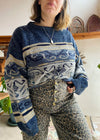 VINTAGE 90's Blue Patterned Knit Jumper - M/L