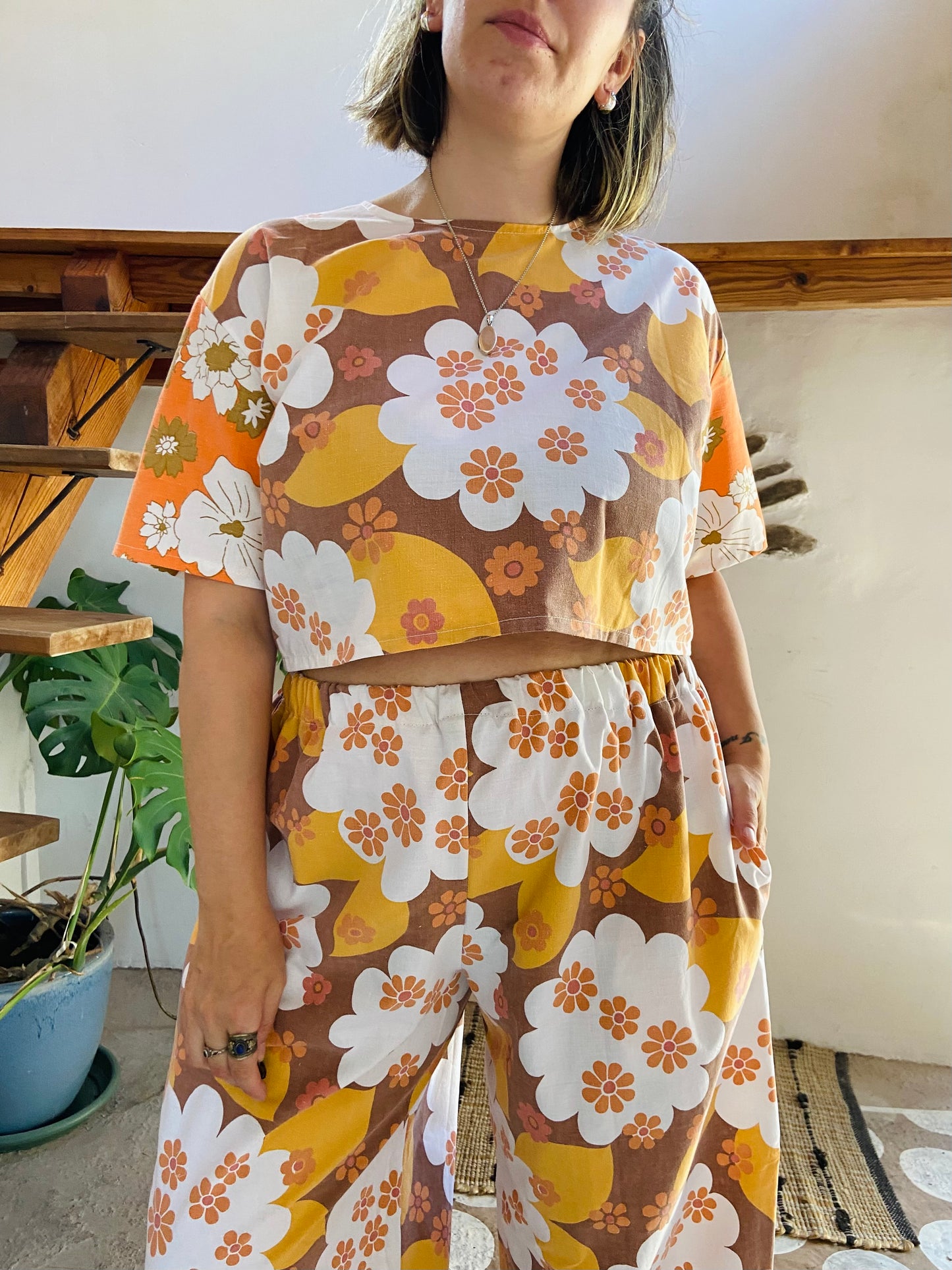 DESERT FOX 70’s Orange Floral Co-Ord Trousers & Top Set - M/L