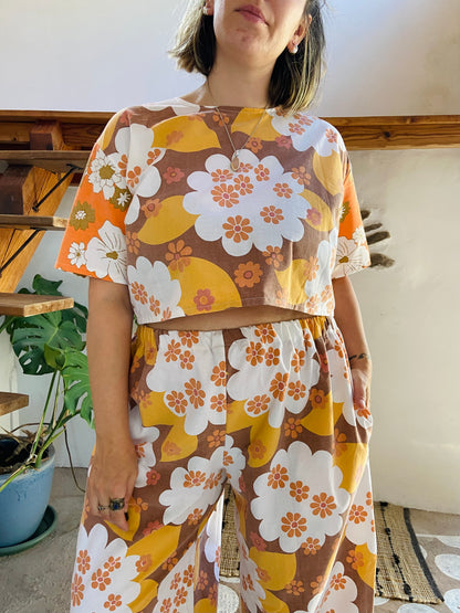 DESERT FOX 70’s Orange Floral Co-Ord Trousers & Top Set - M/L
