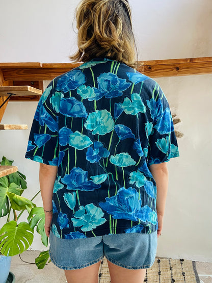 VINTAGE 80’s Blue Floral Loose Top - M/L