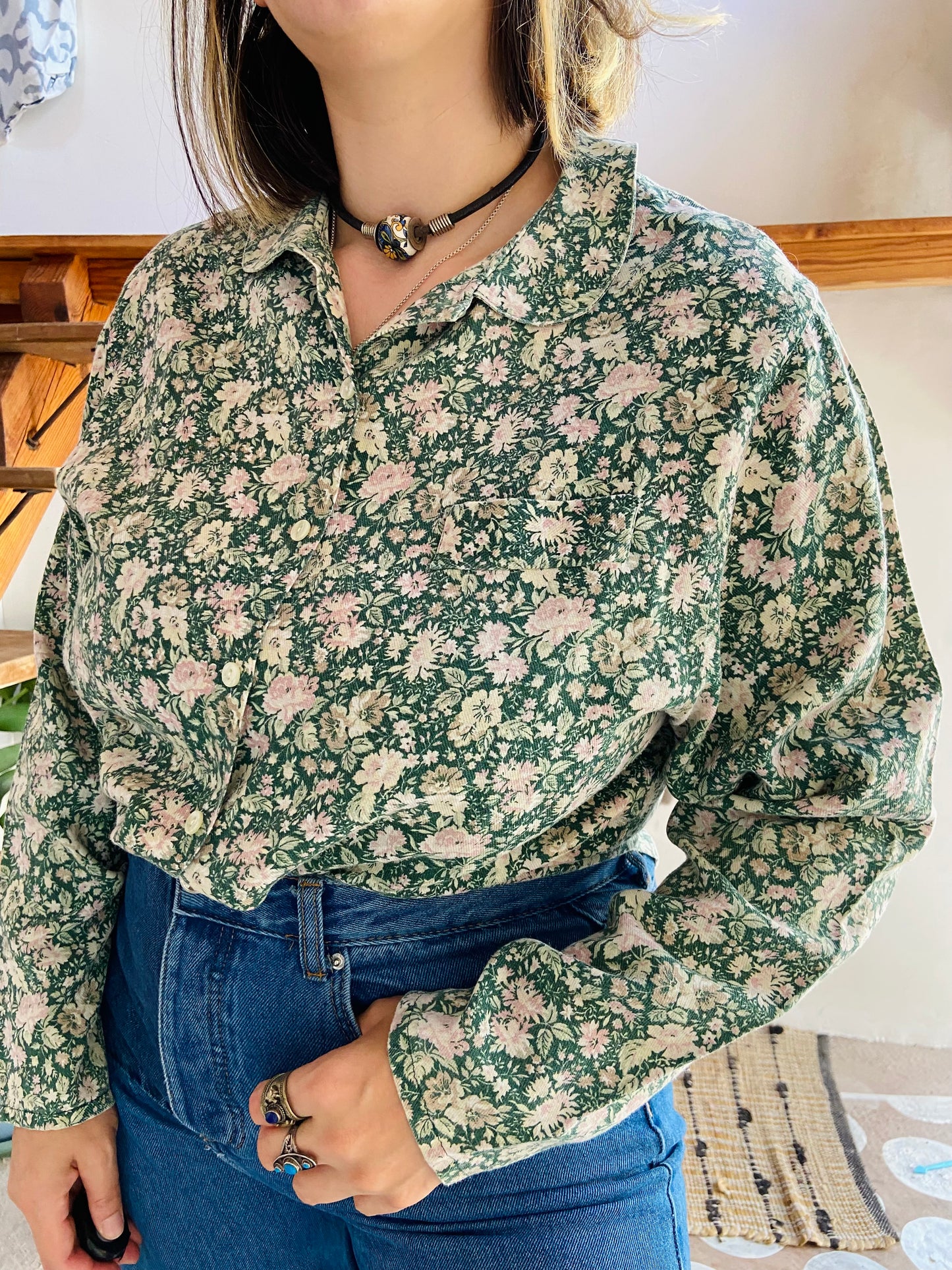 VINTAGE 90's Peter Pan Collar Floral Long Sleeve Shirt - M/L