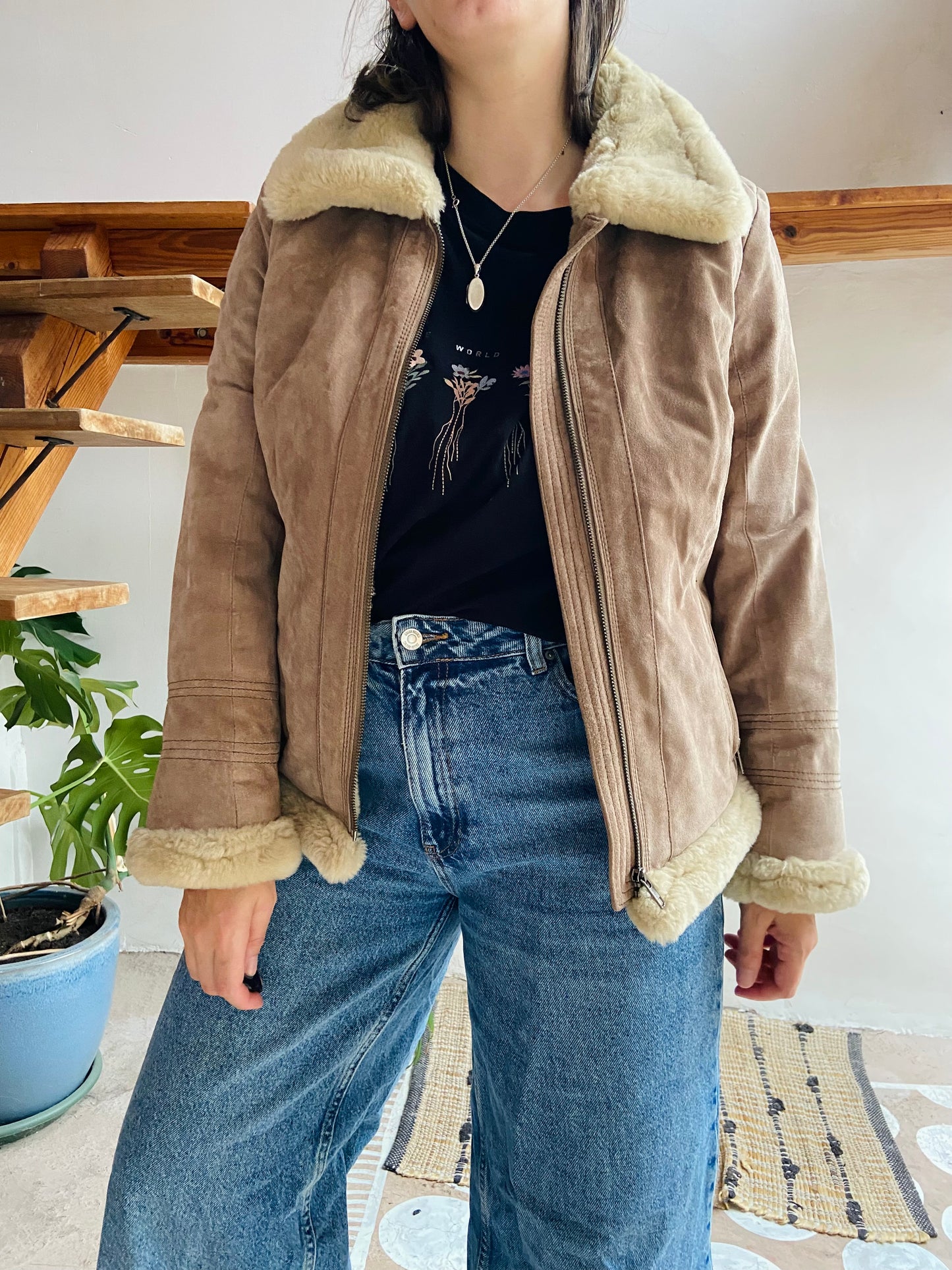 VINTAGE Retro Suede Tan Faux Fur Jacket Coat - M/L