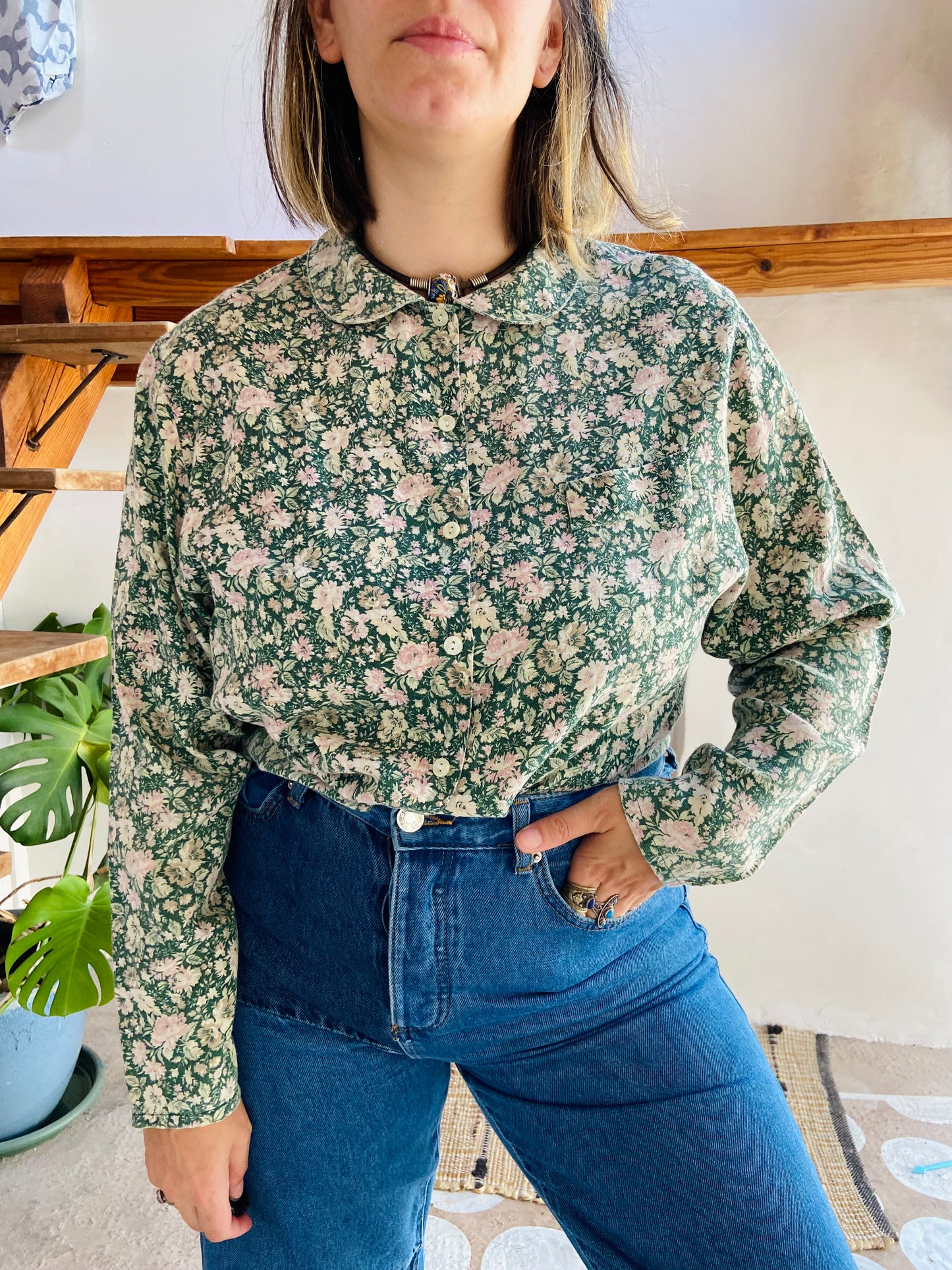 VINTAGE 90's Peter Pan Collar Floral Long Sleeve Shirt - M/L