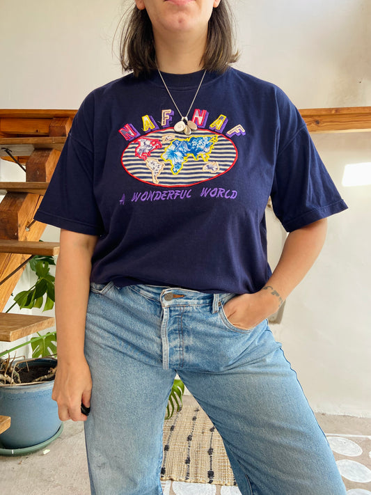 VINTAGE Naf Naf 90’s Blue Embroidered T-shirt Tee - M/L