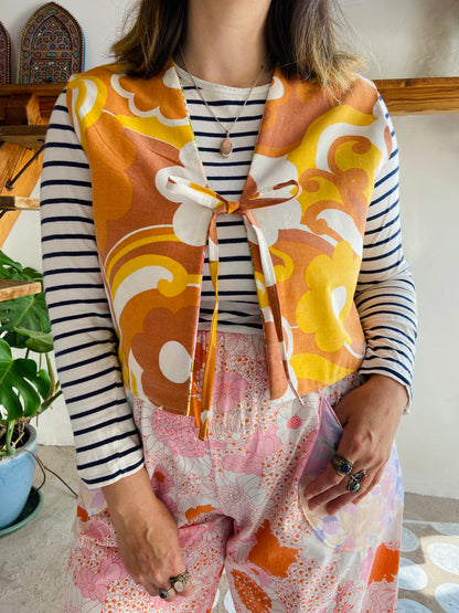 DESERT FOX 70's Orange & Pink Floral Reversible Waistcoat - S/M