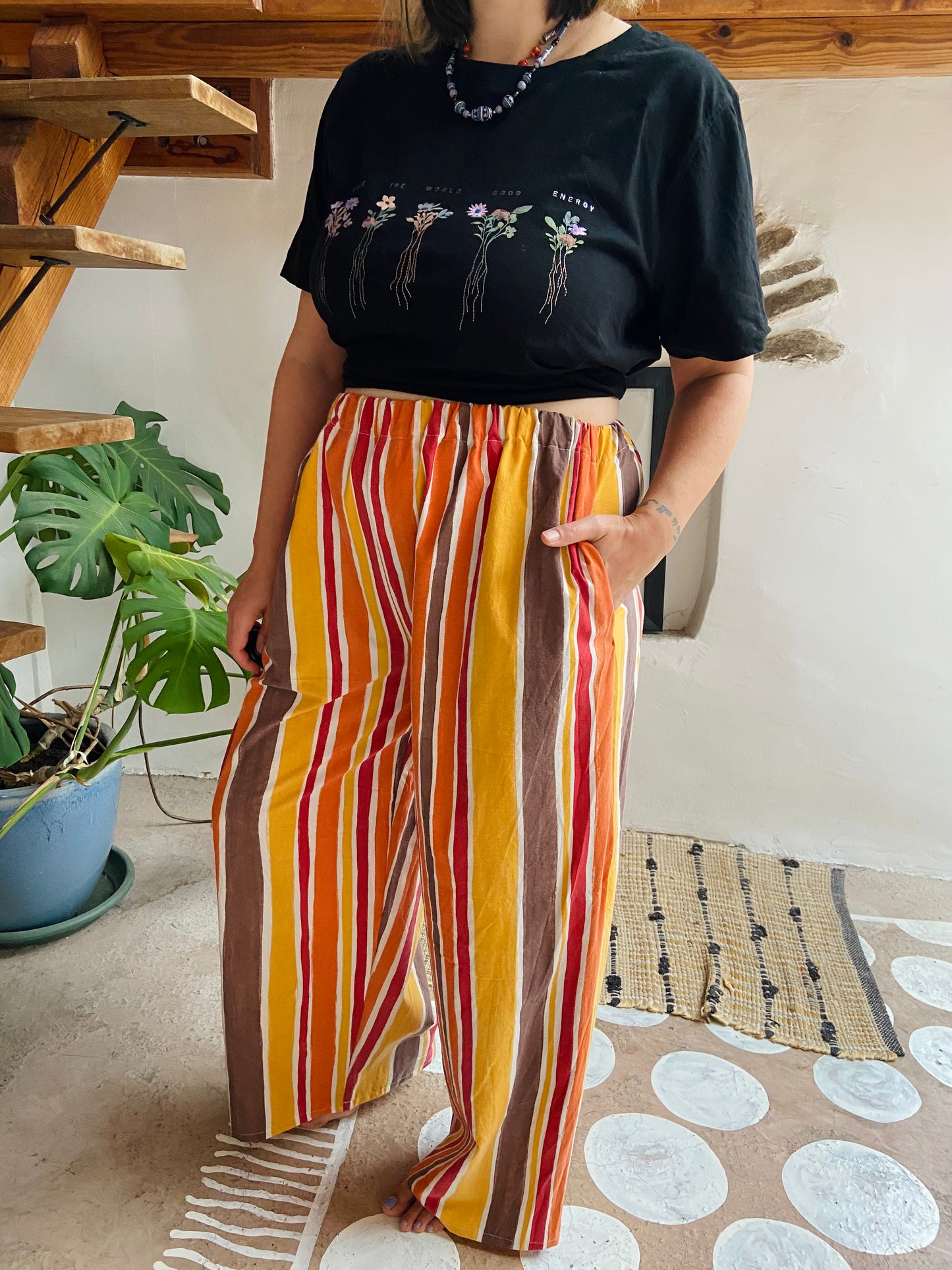 DESERT FOX Autumn Orange Stripe Wide Leg Trousers - M/L