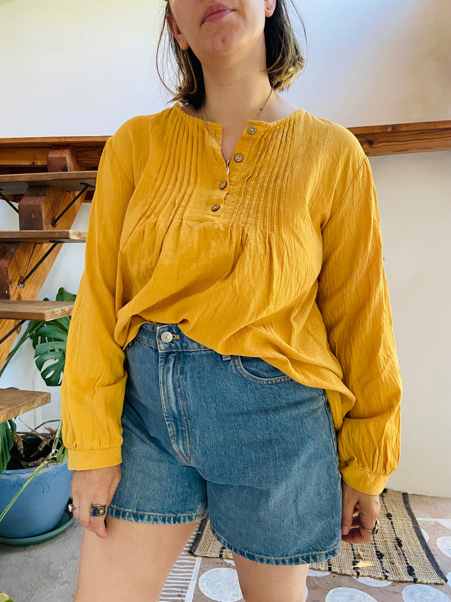 VINTAGE Yellow Long Sleeve Bohemian Tunic Top L/XL