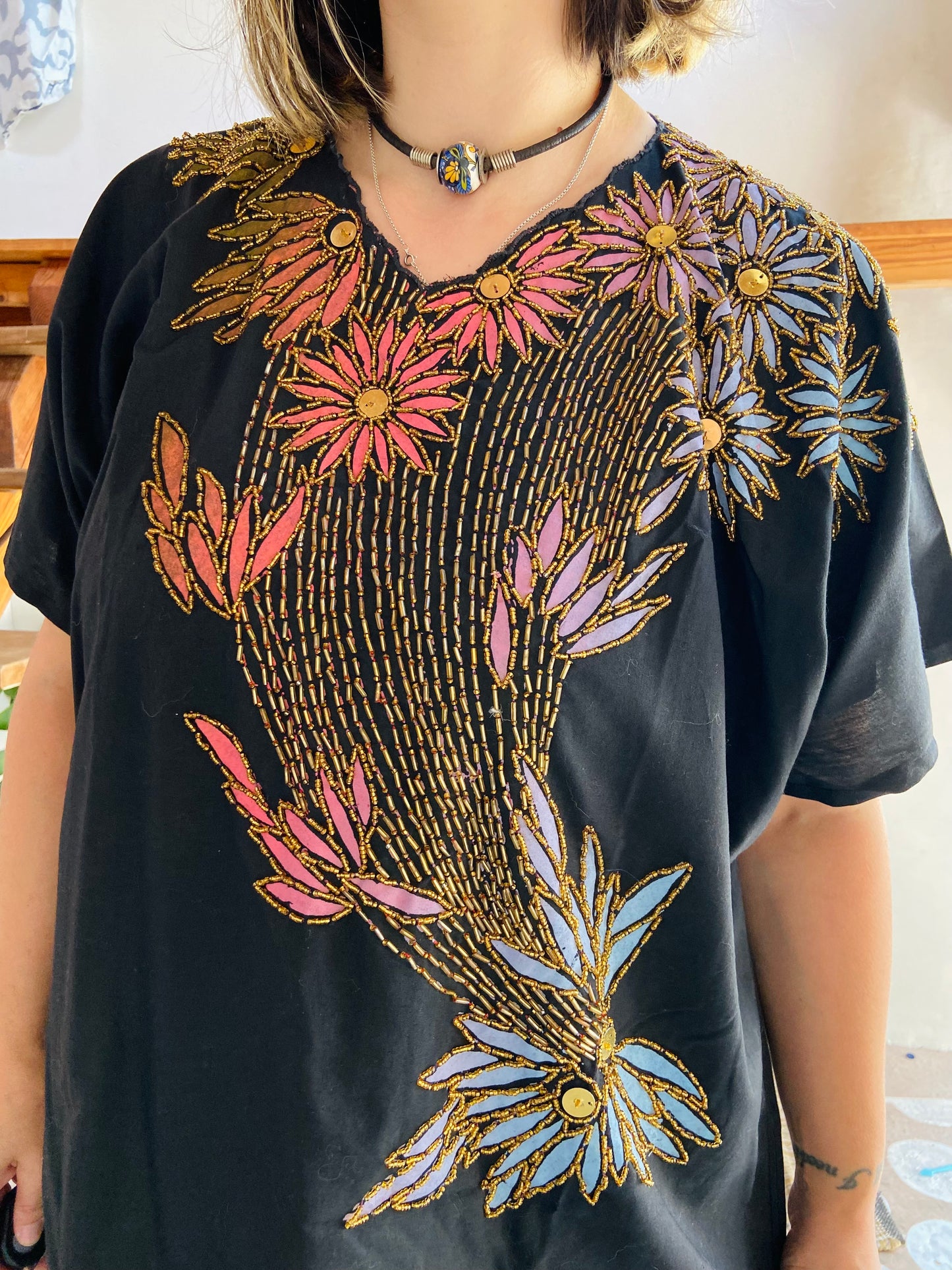 VINTAGE 80's Black Cotton Floral Beaded Mini Dress - M/L