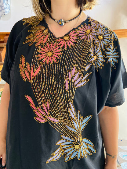 VINTAGE 80's Black Cotton Floral Beaded Mini Dress - M/L