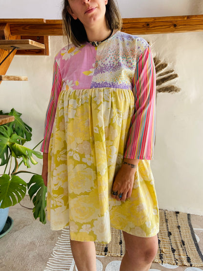 DESERT FOX Patchwork Pastel Floral Ruffle Dress - S/M