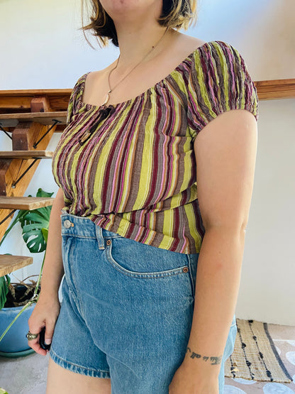 VINTAGE 90's Stripe Green & Purple Top - S/M