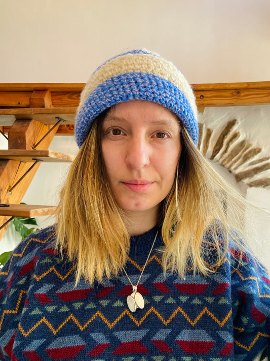 VINTAGE 90's Blue and Beige Woollen Hat - ONE SIZE