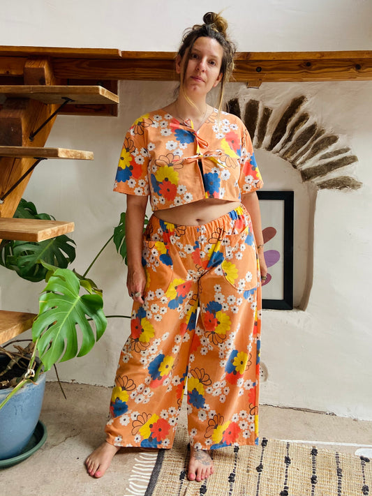 DESERT FOX 70's Orange Floral Print Wide Leg Trousers - S