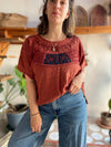 VINTAGE 90's Dusty Red Bohemian Embroidered Loose Tunic Top - M/L