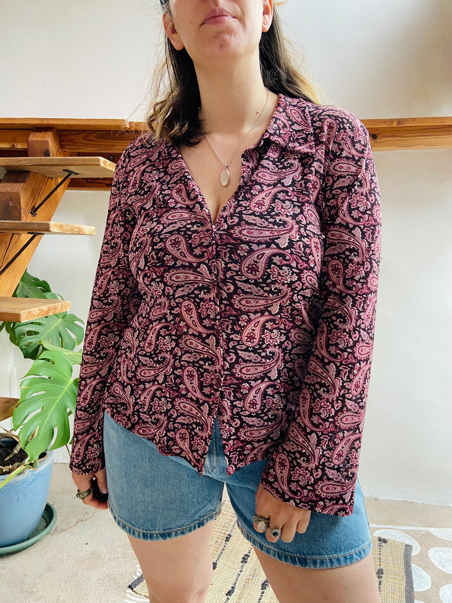 VINTAGE 90's Purple Paisley Long Sleeve Shirt - M