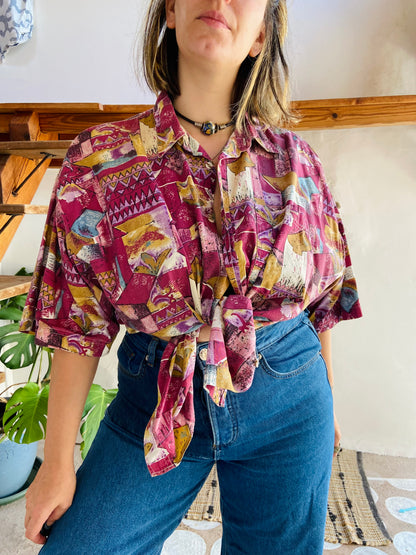VINTAGE 90's Bohemian Pattern Purple Short Sleeve Shirt - L