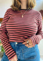 VINTAGE 90's Brown & Pink Stripe Long Sleeve Top - M/L