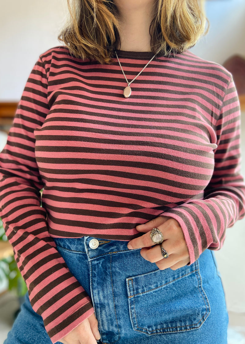 VINTAGE 90's Brown & Pink Stripe Long Sleeve Top - M/L