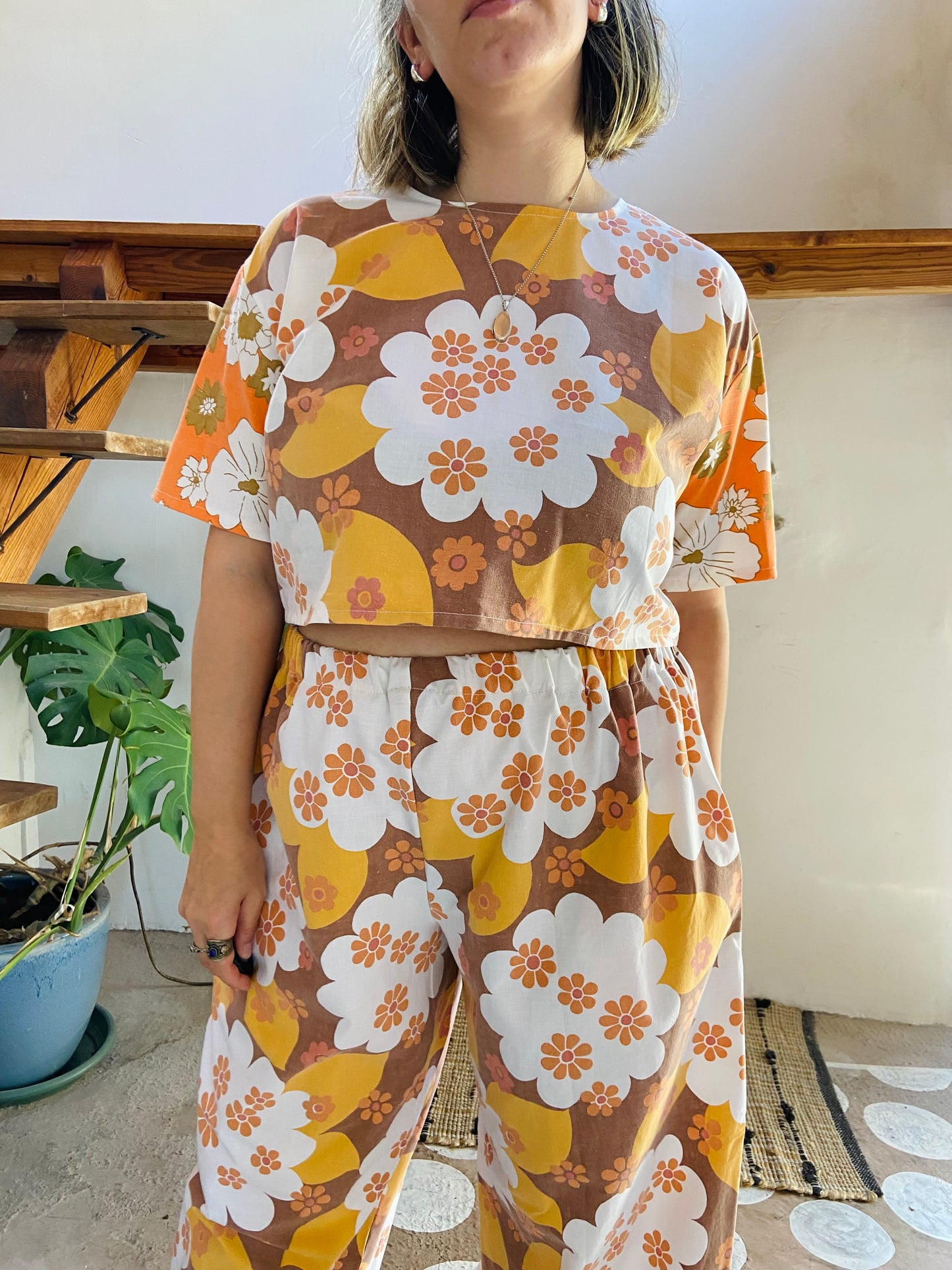 DESERT FOX 70’s Orange Floral Co-Ord Trousers & Top Set - M/L