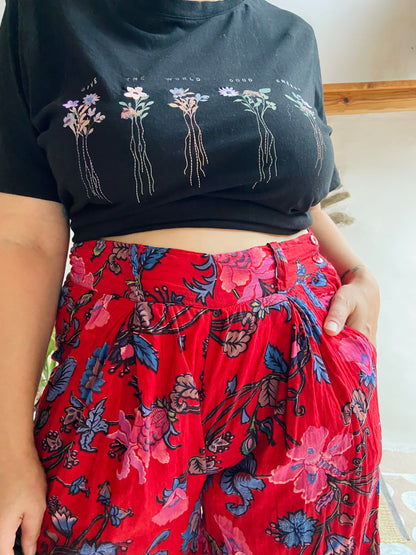VINTAGE 90's Wide Leg Floral Red Trousers - M/L
