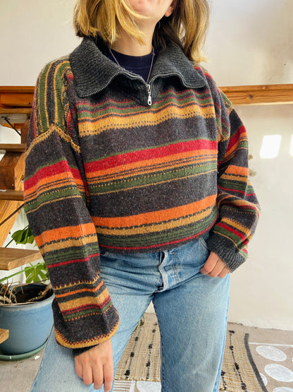 VINTAGE 90’s Multicolour Grey Stripe Oversized Jumper - L
