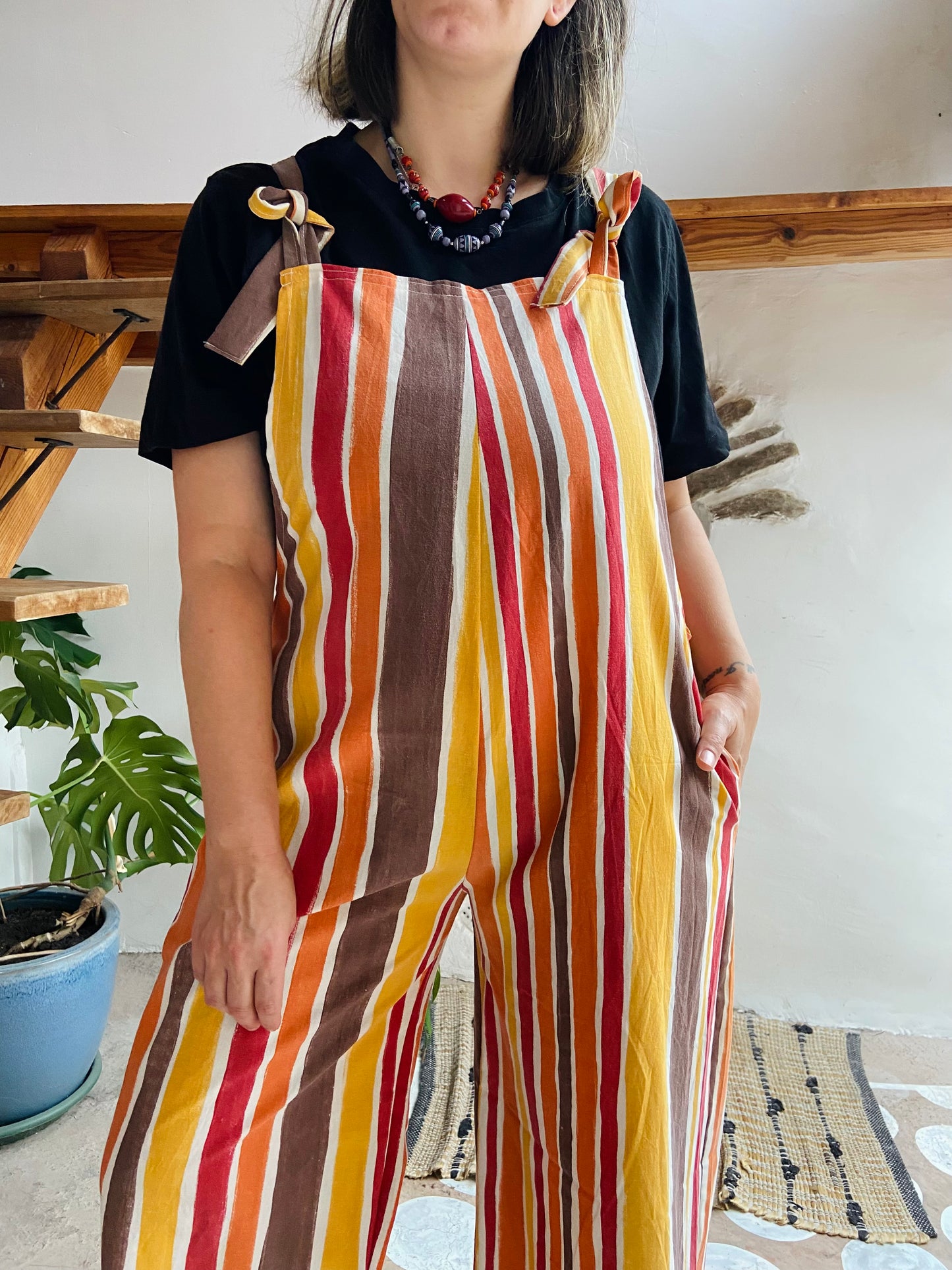 DESERT FOX Orange & Brown Stripe Wide Leg Dungarees - M/L