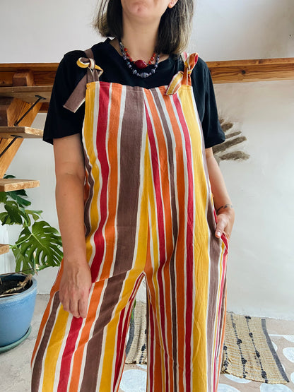 DESERT FOX Orange & Brown Stripe Wide Leg Dungarees - M/L