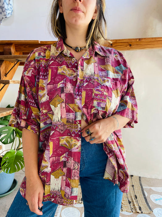 VINTAGE 90's Bohemian Pattern Purple Short Sleeve Shirt - L