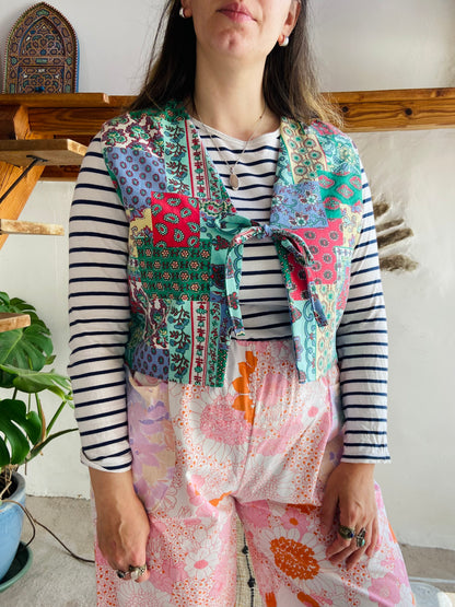 DESERT FOX Patchwork Provencal & Blue Floral Reversible Waistcoat - S/M
