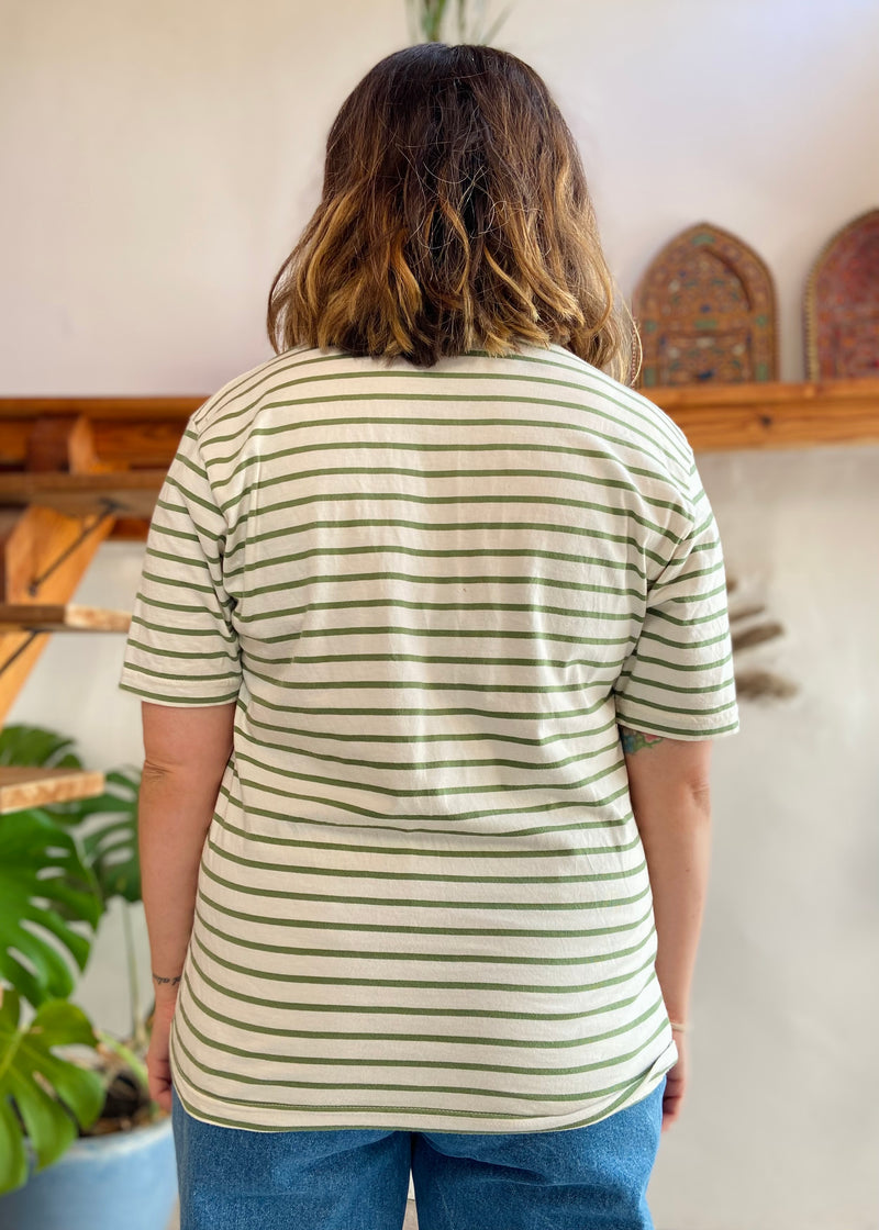 VINTAGE 90's Green & White Stripe Tee T-Shirt - M/L