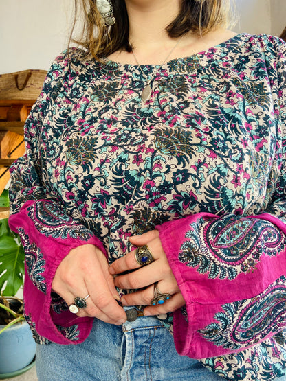 VINTAGE 00’s Paisley Wide Bell Sleeeve Cotton Paisley Tunic Top - L/XL