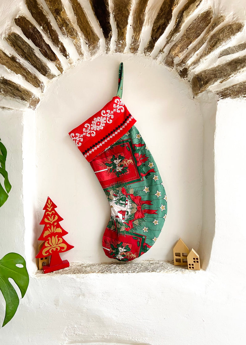 DESERT FOX Handmade Vintage Fabric Christmas Stocking - Traditional Christmas Woven