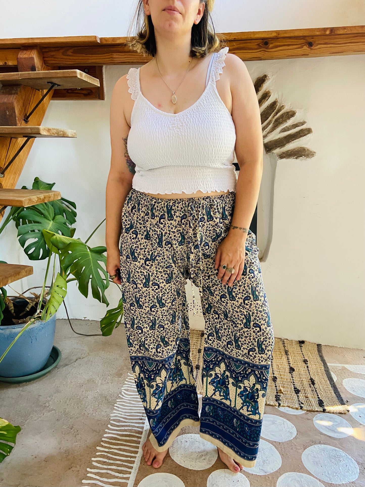 VINTAGE 90's Blue Indian Elephant Bohemian Wide Leg Trousers - M/L
