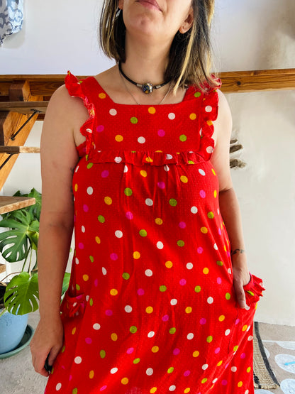 VINTAGE 80's Red Polkadot Midi Dress - M