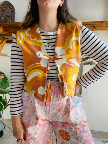 DESERT FOX 70's Orange & Pink Floral Reversible Waistcoat - S/M