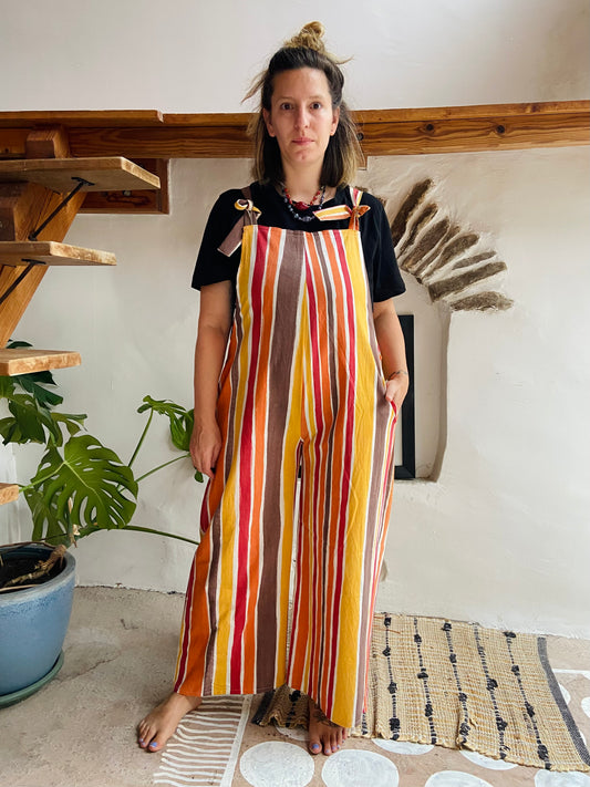 DESERT FOX Orange & Brown Stripe Wide Leg Dungarees - M/L