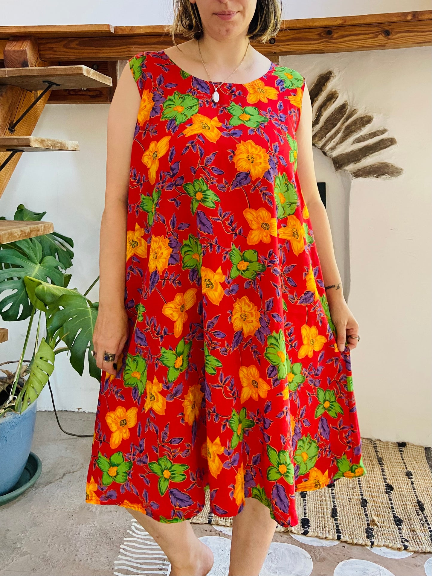 VINTAGE 90's Red Floral Loose Dress - M/L