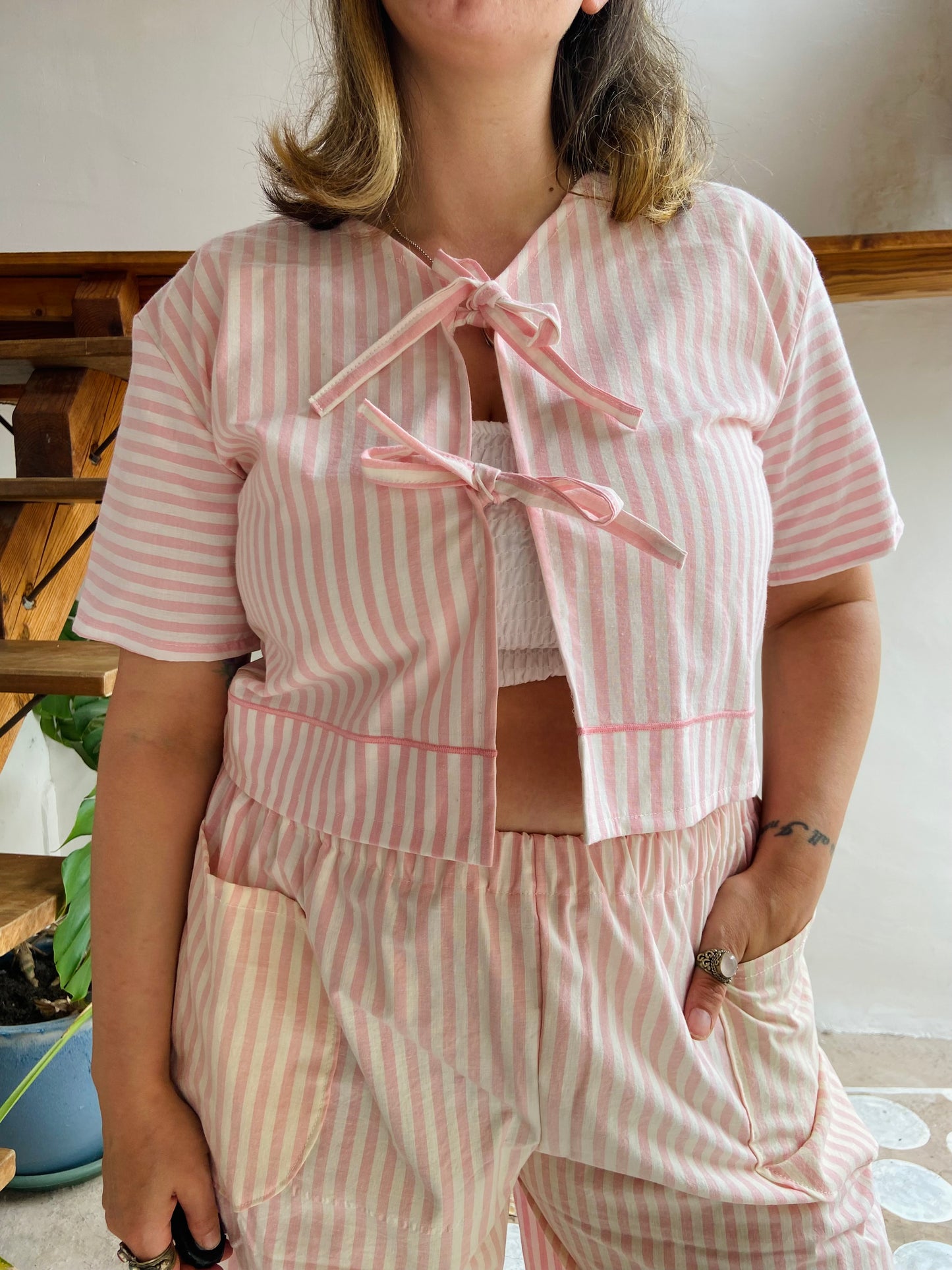 DESERT FOX Pink & White Stripe Print Tie Front Crop Top - S/M