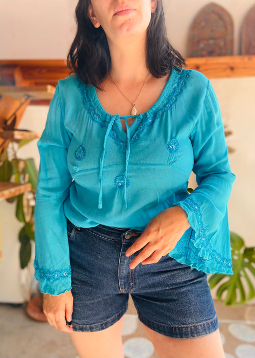 VINTAGE 90’s Blue Embroidered Bell Sleeve Top - S