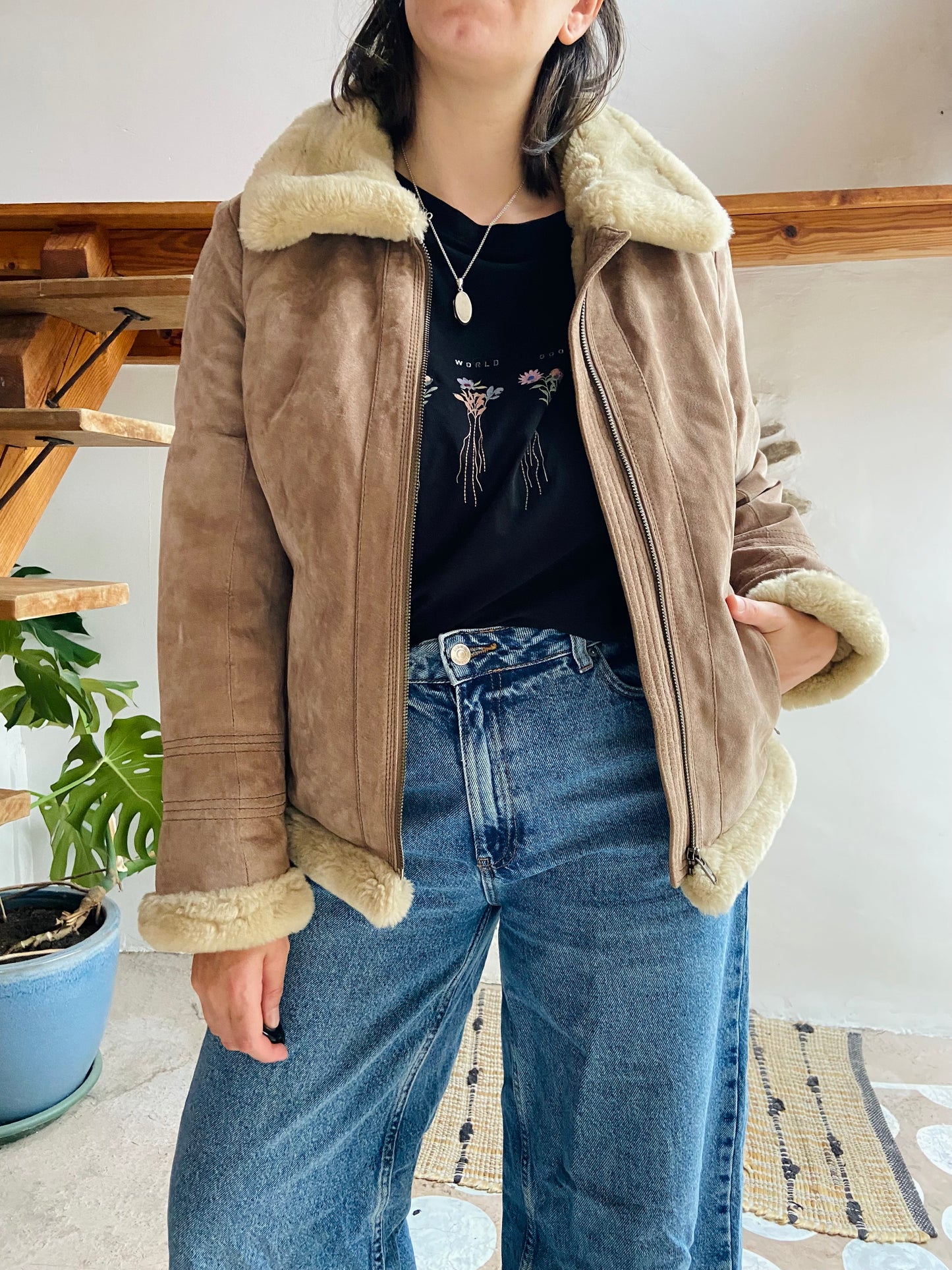 VINTAGE Retro Suede Tan Faux Fur Jacket Coat - M/L