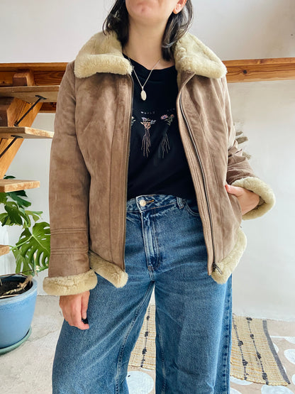 VINTAGE Retro Suede Tan Faux Fur Jacket Coat - M/L