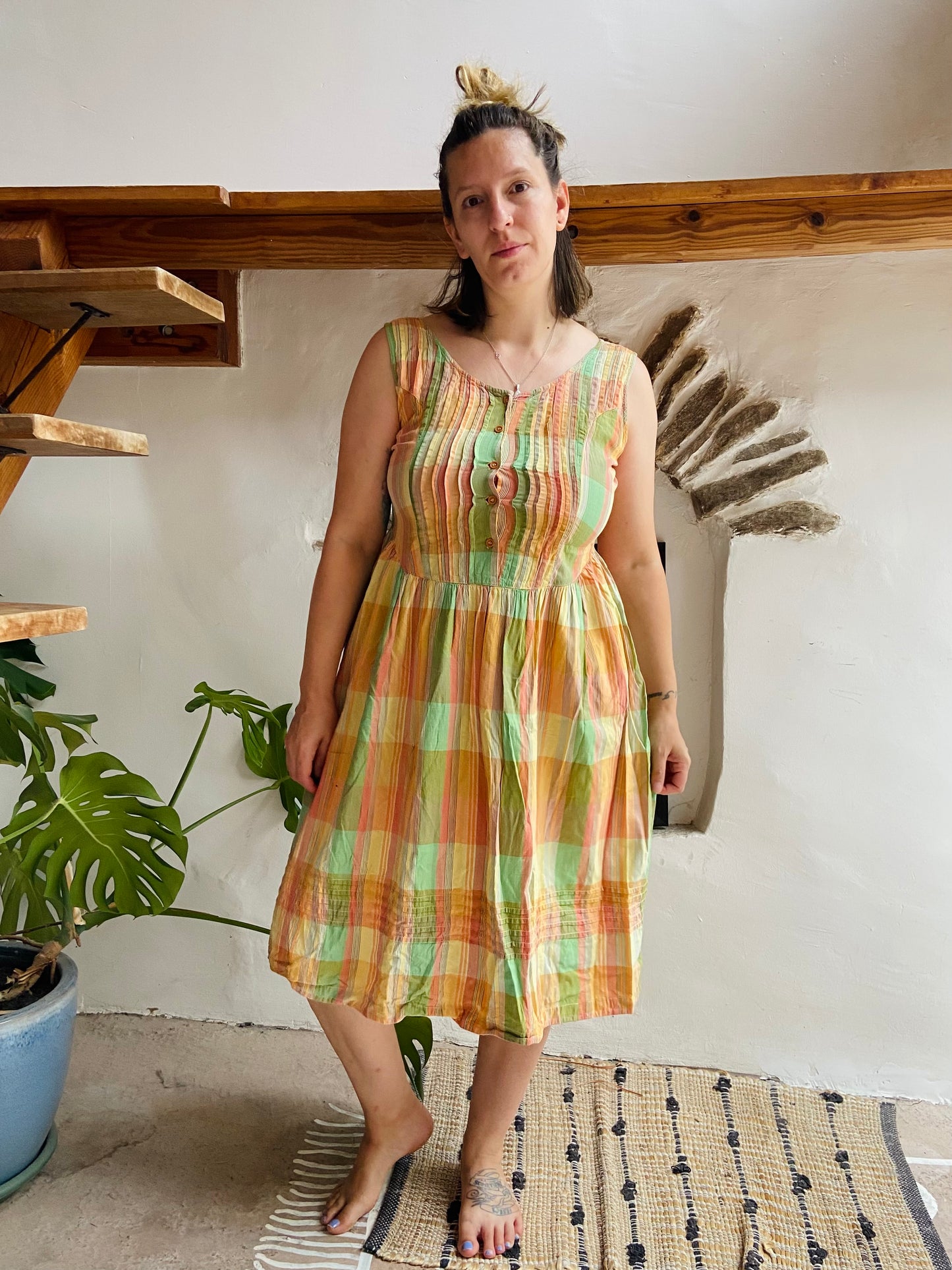 VINTAGE 90's Pastel Checked Midi Dress - M/L