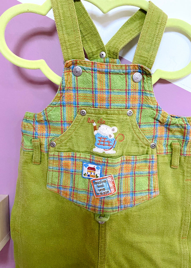 VINTAGE 90’s Green Checked Mouse Dungarees - 6 Months