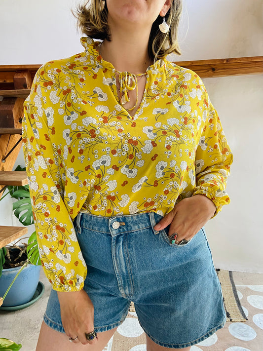VINTAGE Y2K Yellow Floral Bohemian Blouse - M/L