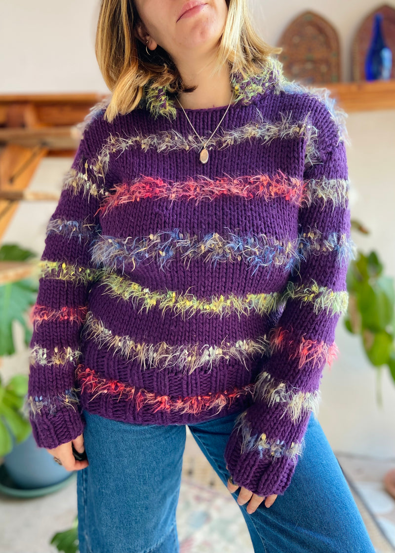 VINTAGE 90's Fluffy Purple Stripe Grunge Jumper - S/M